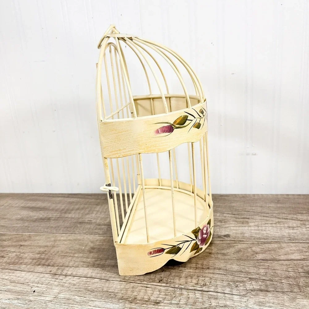 Vintage Hanging Birdcage with Purple Flowers, Cream Wall Decor