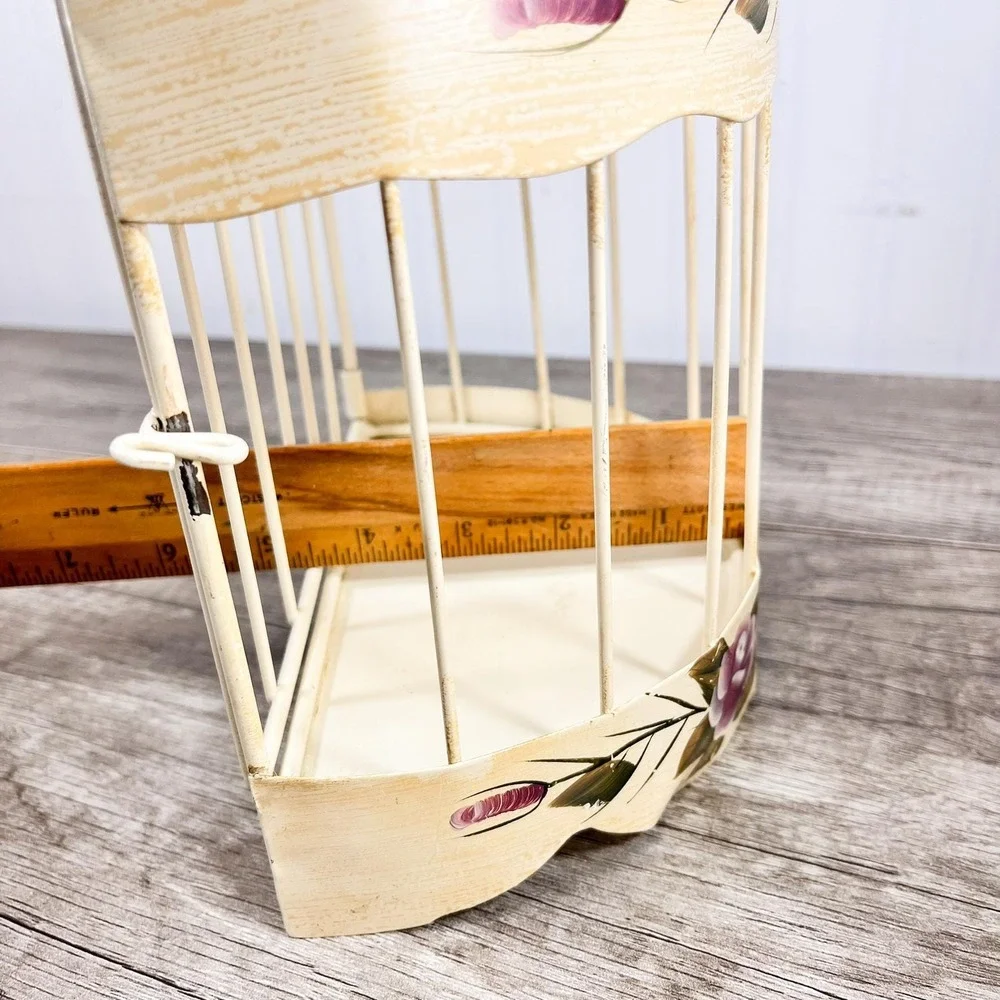 Vintage Hanging Birdcage with Purple Flowers, Cream Wall Decor