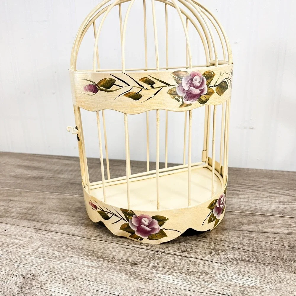 Vintage Hanging Birdcage with Purple Flowers, Cream Wall Decor