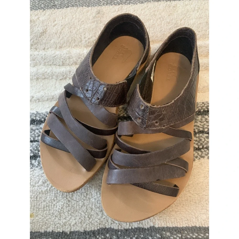Sorel Lake Shoe‎ Sandals Women's 6M Brown Leather Slip On Strappy Open Toe.