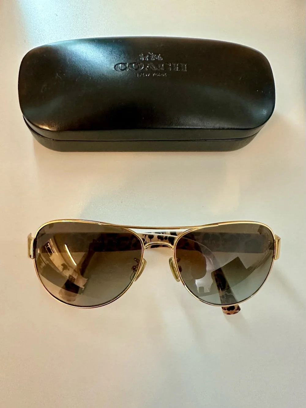 Coach Gold Aviator Sunglasses with Brown Gradient Lenses and Leopard Temples