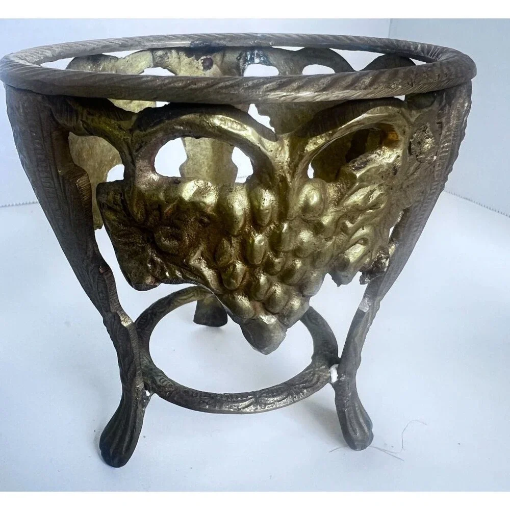 Vtg Brass Crackle Glass Candle‎ Holder Vase Compote Bowl Grape Motif Design **