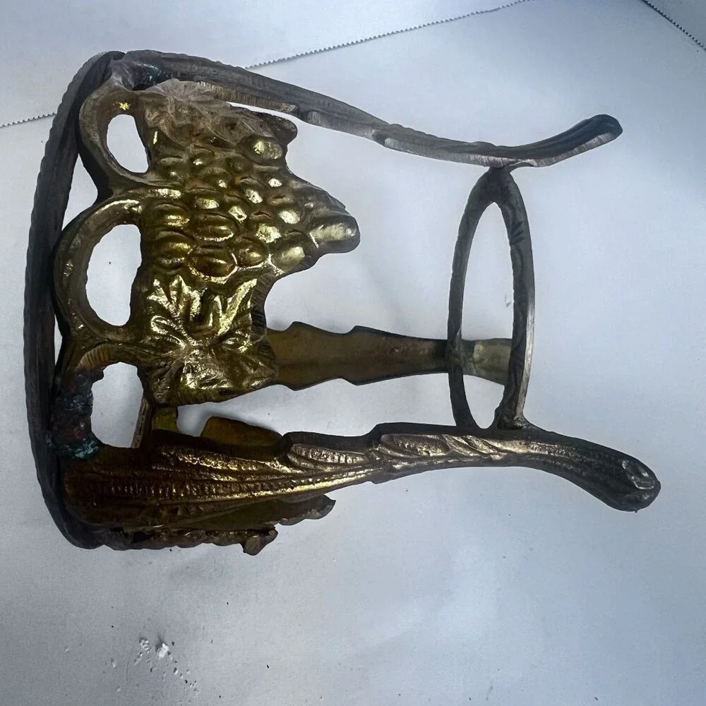 Vtg Brass Crackle Glass Candle‎ Holder Vase Compote Bowl Grape Motif Design **