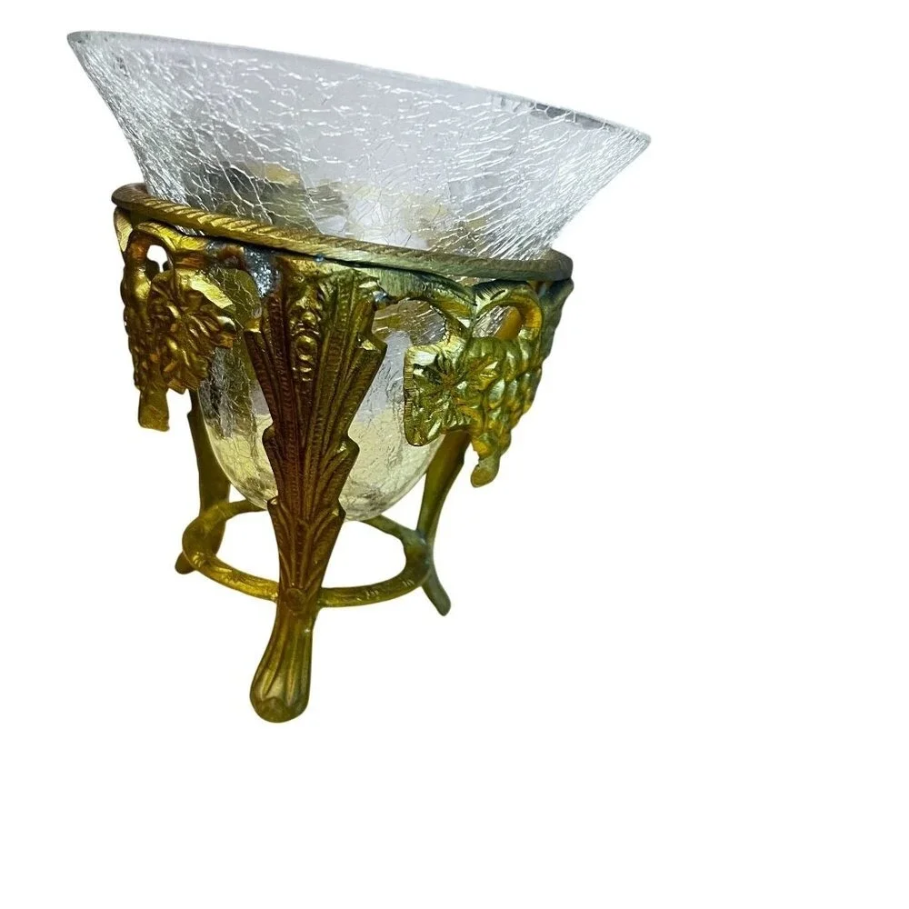 Vtg Brass Crackle Glass Candle‎ Holder Vase Compote Bowl Grape Motif Design **