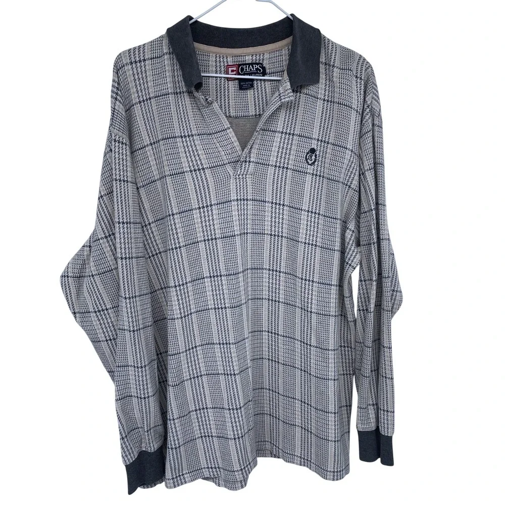 Vintage 90s Chaps Ralph Lauren Mens Plaid Long Sleeve Polo Shirt‎ Large Cotton