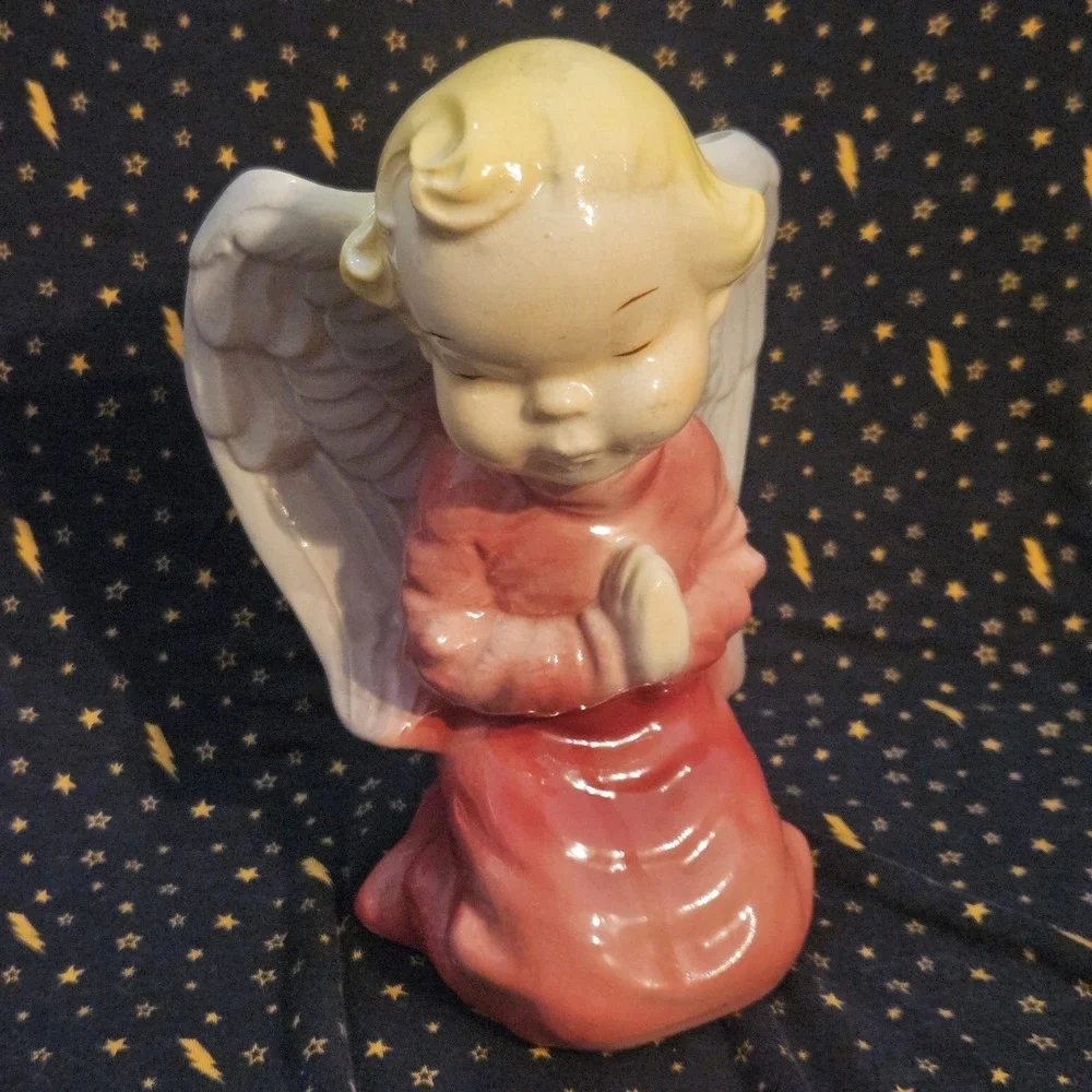 Vintage Pink Praying Angel Wall Pocket‎ Planter Vase Ceramic 8