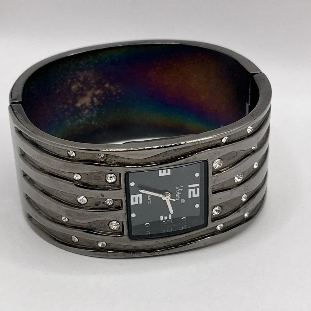 Vivani Women's Bangle Band Quartz Watch Crystal Accent Gunmetal-‎ New Battery