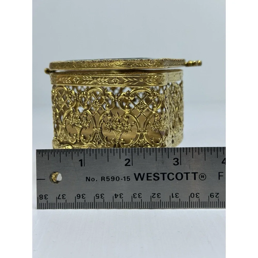 Vintage Jewelry Box Casket Filigree Ormolu Style Footed Hollywood Regency Glass