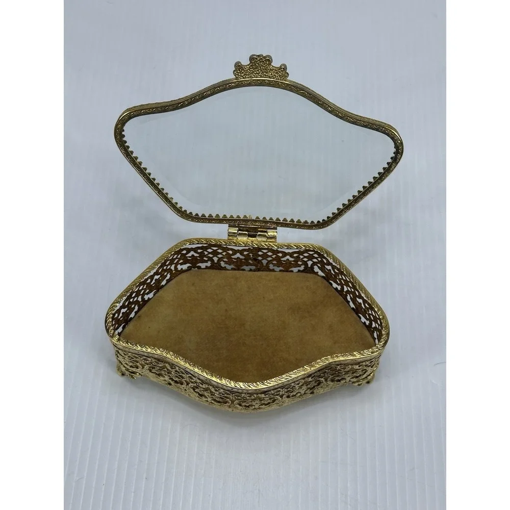 Vintage Jewelry Box Casket Filigree Ormolu Style Footed Hollywood Regency Glass