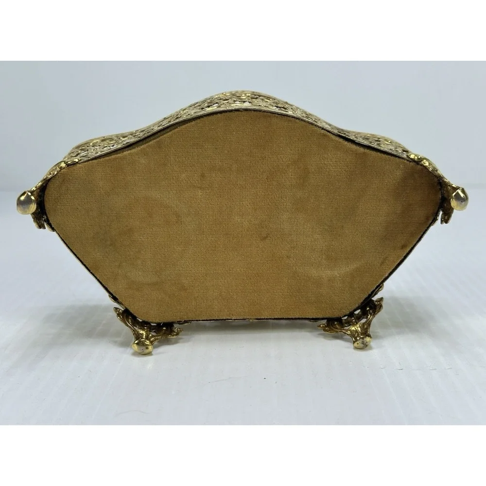 Vintage Jewelry Box Casket Filigree Ormolu Style Footed Hollywood Regency Glass