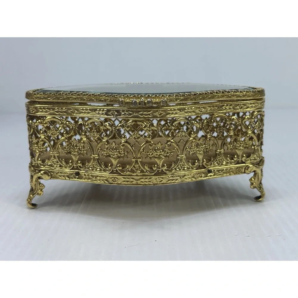 Vintage Jewelry Box Casket Filigree Ormolu Style Footed Hollywood Regency Glass