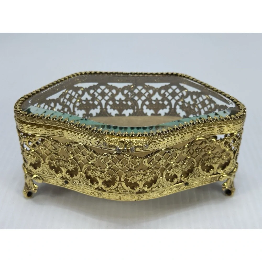 Vintage Jewelry Box Casket Filigree Ormolu Style Footed Hollywood Regency Glass