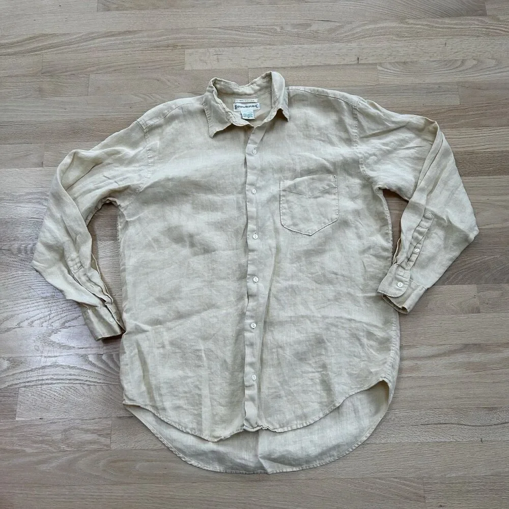 VTG Banana Republic Shirt Mens M Yellow 100% Irish Linen Collared Button
