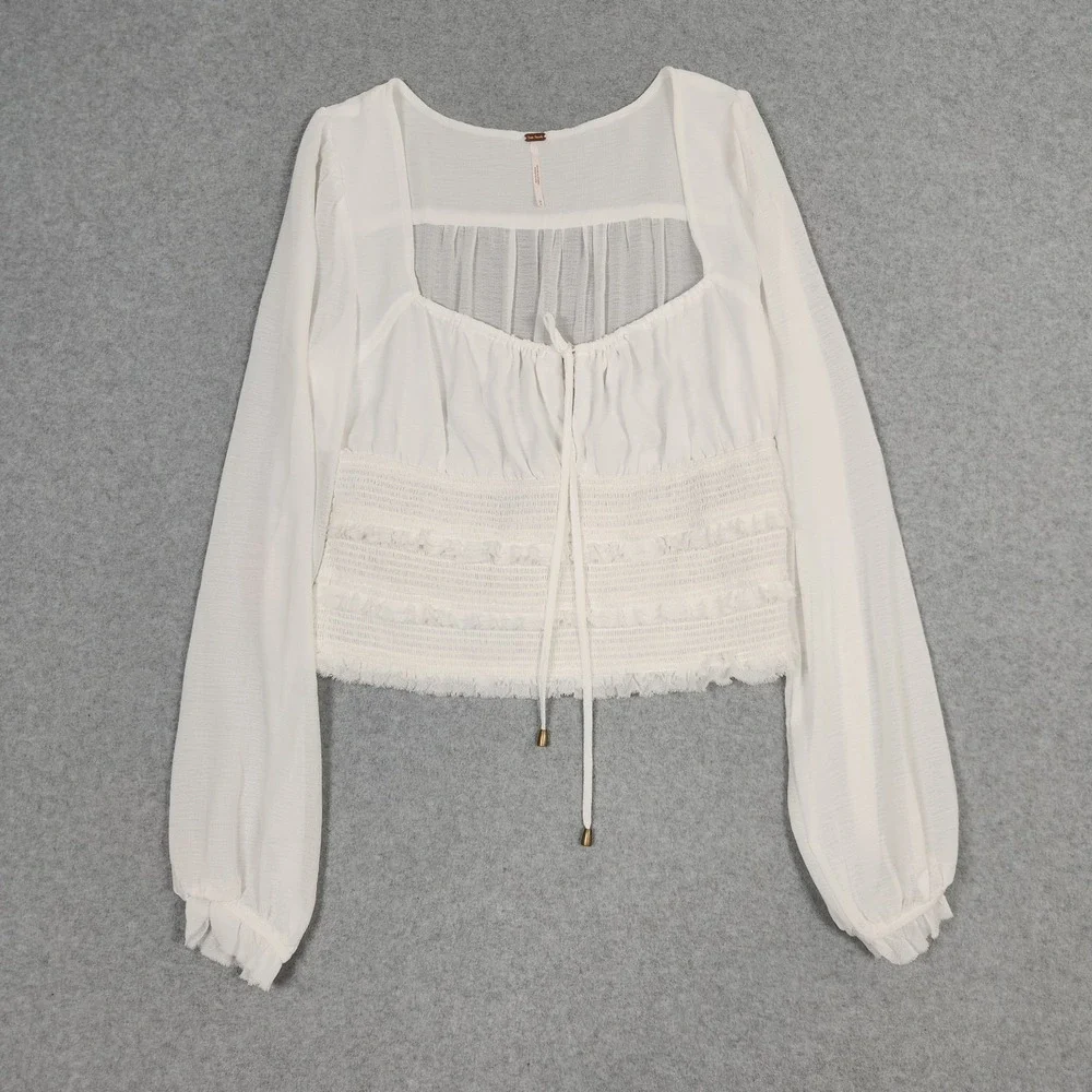 Free People Lolita Top Medium White Balloon Sleeve Cottagecore Boho Fairy