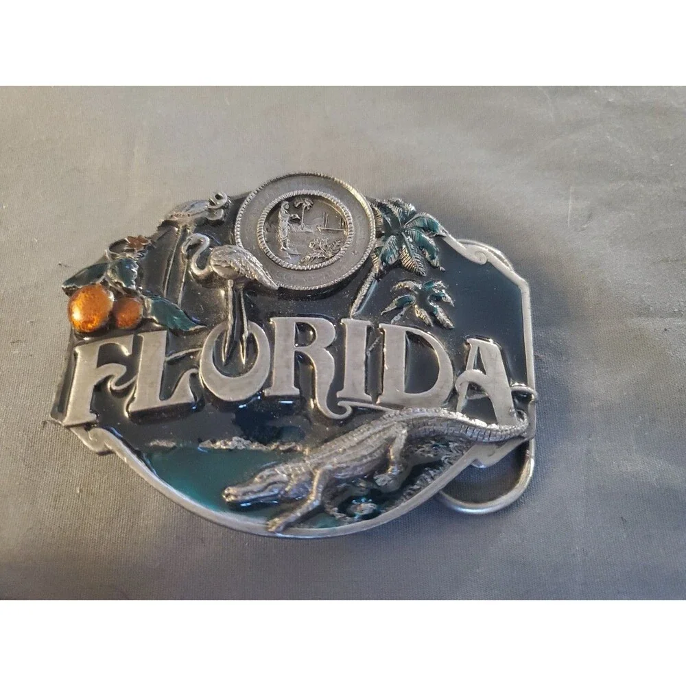 Vtg 1986 Siskiyou Florida State Belt Buckle Flamingo Alligator Oranges Made USA