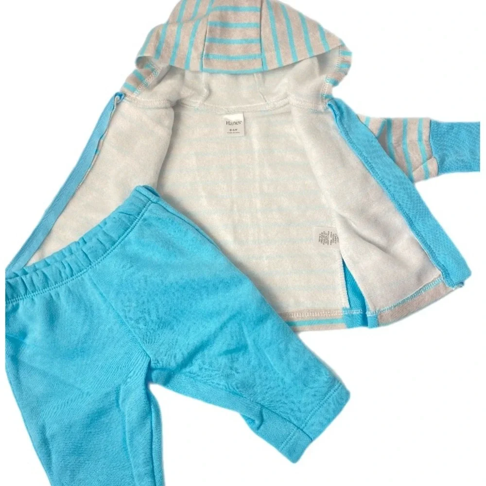 Hanes Hoodie and Pants 2pc‎ Set Baby 0-6M Blue Grey Striped  Fleece Zip Up