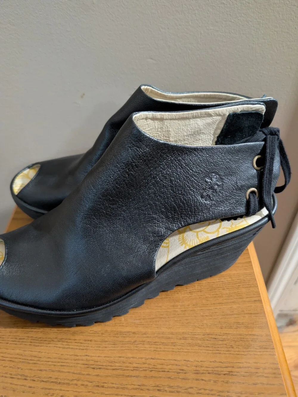 Fly London Leather Black Wedge Sandals, Size:42/10.5-11