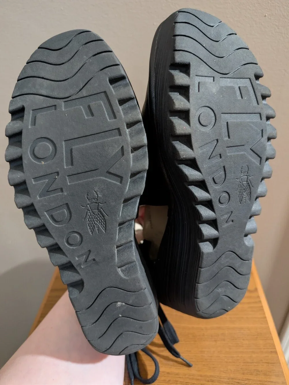 Fly London Leather Black Wedge Sandals, Size:42/10.5-11
