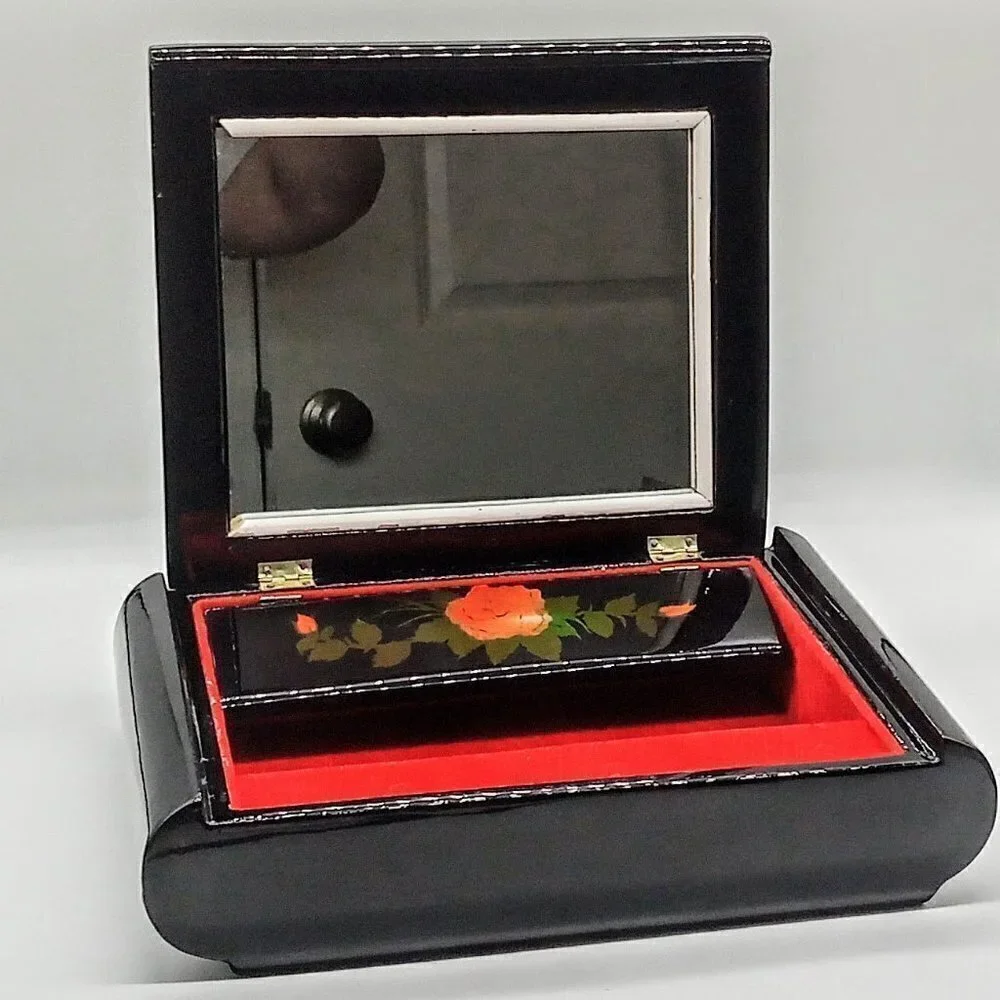 Black Lacquer Mother-of-Pearl Inlay Rolled Edge Jewelry Box