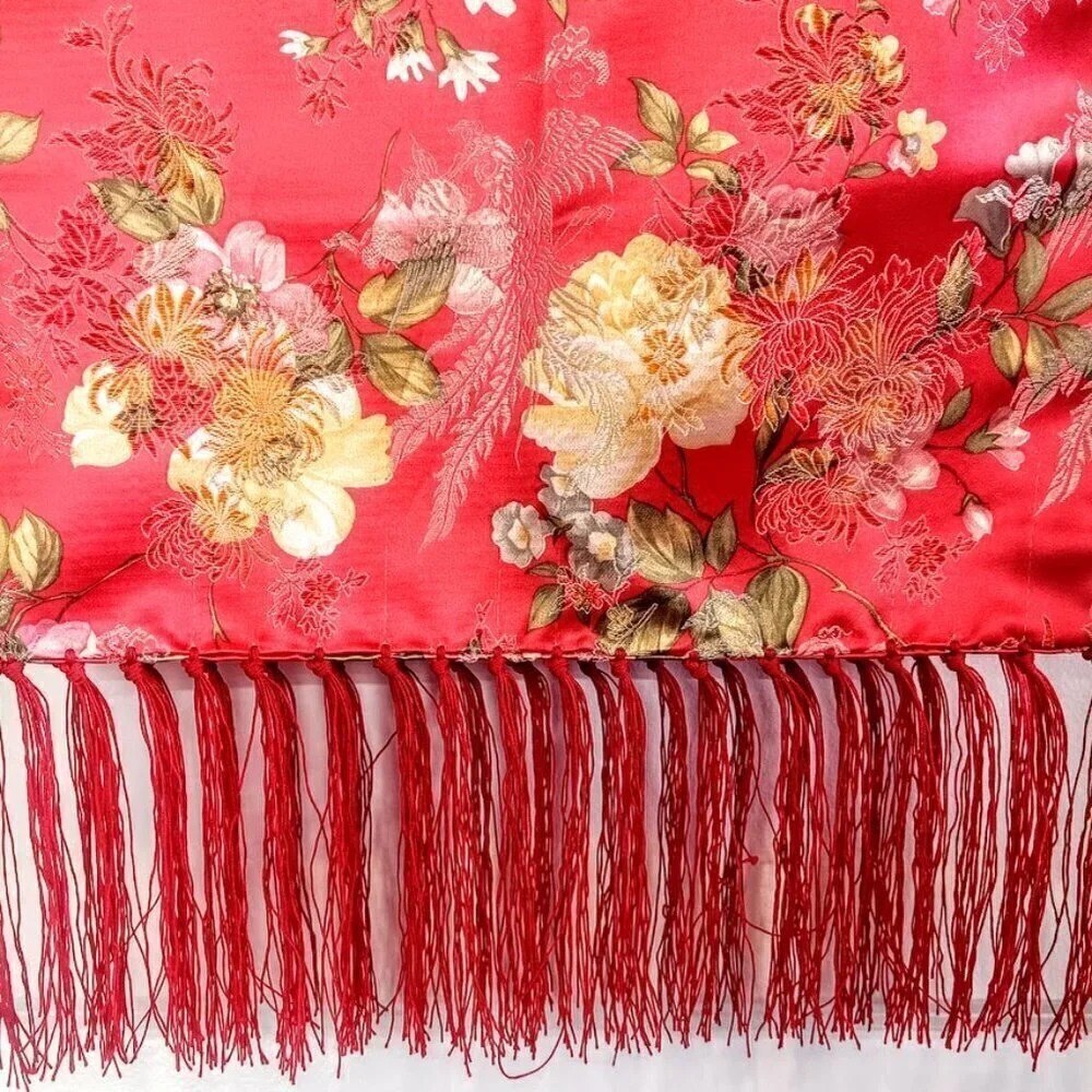 Chinese Red Floral Brocade Fringed Table Runner