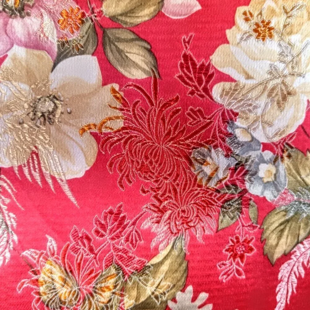 Chinese Red Floral Brocade Fringed Table Runner