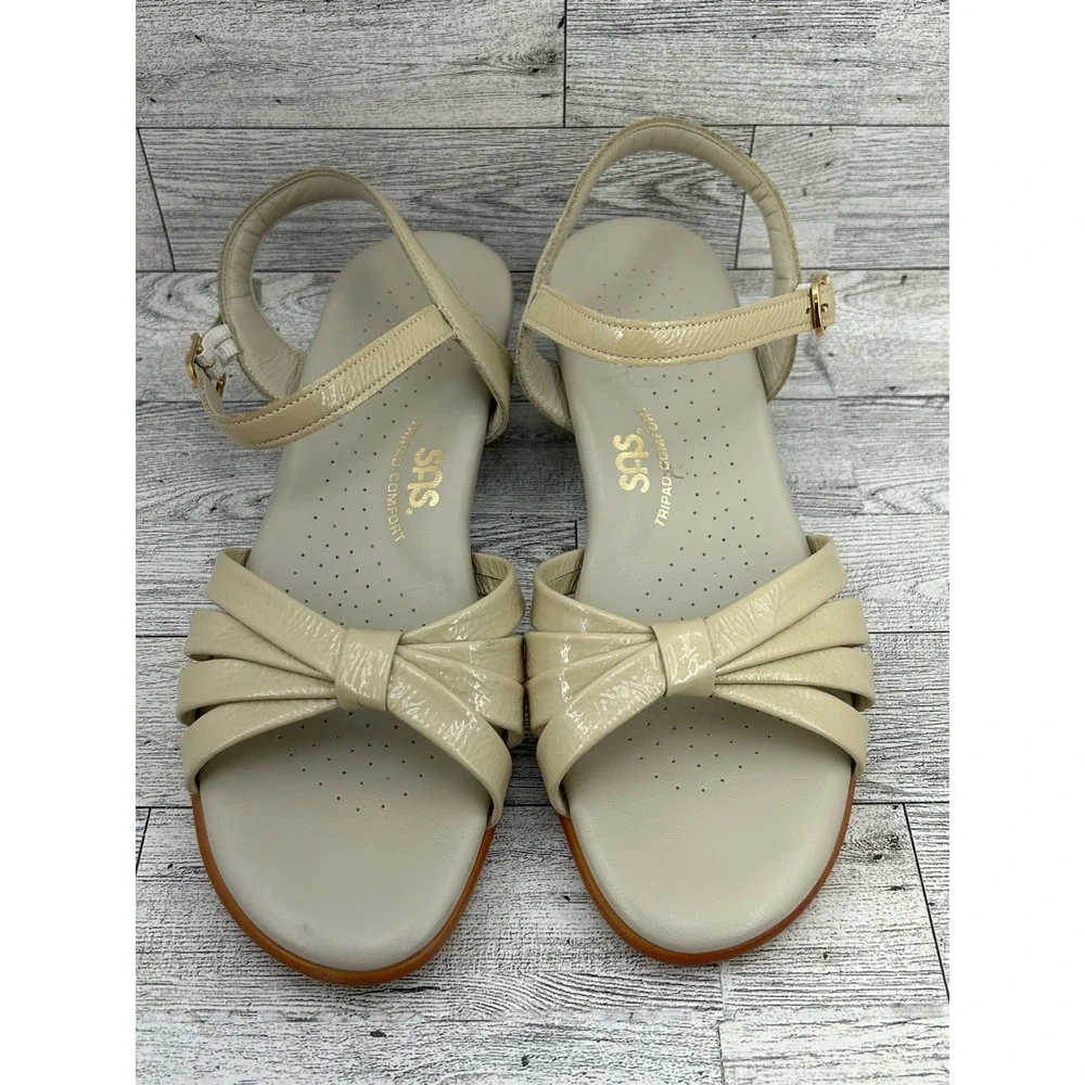 SAS Tripad Comfort Womens 7.5 M Cream‎ Patent Leather Wedge Sandals Made in USA