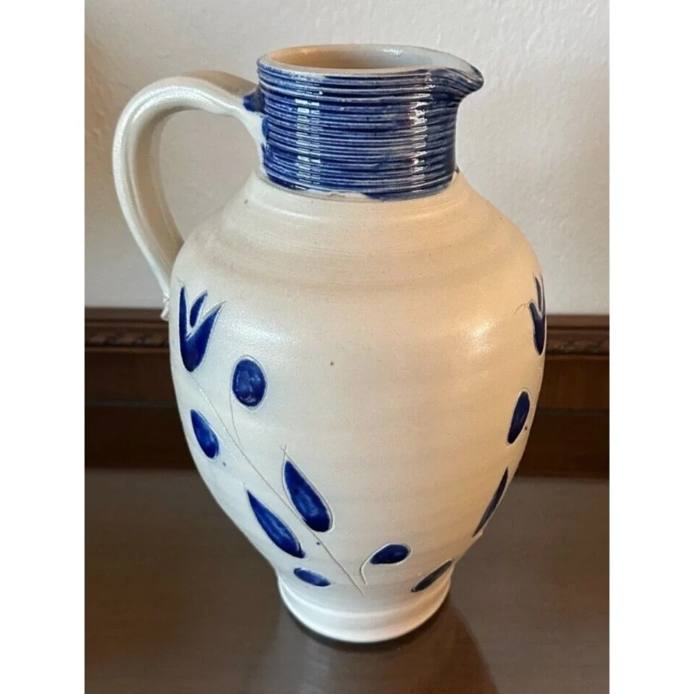 Unmarked Stoneware Salt Glaze Blue Floral & Striped 10.5