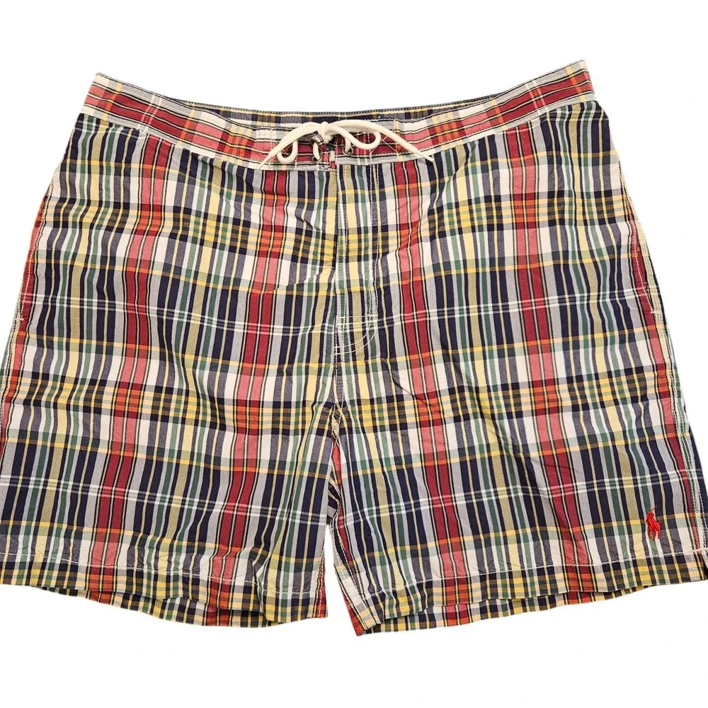 Polo Ralph Lauren Swim Trunks Adult XL  Plaid Lined Board Shorts Red‎ Pony Mens