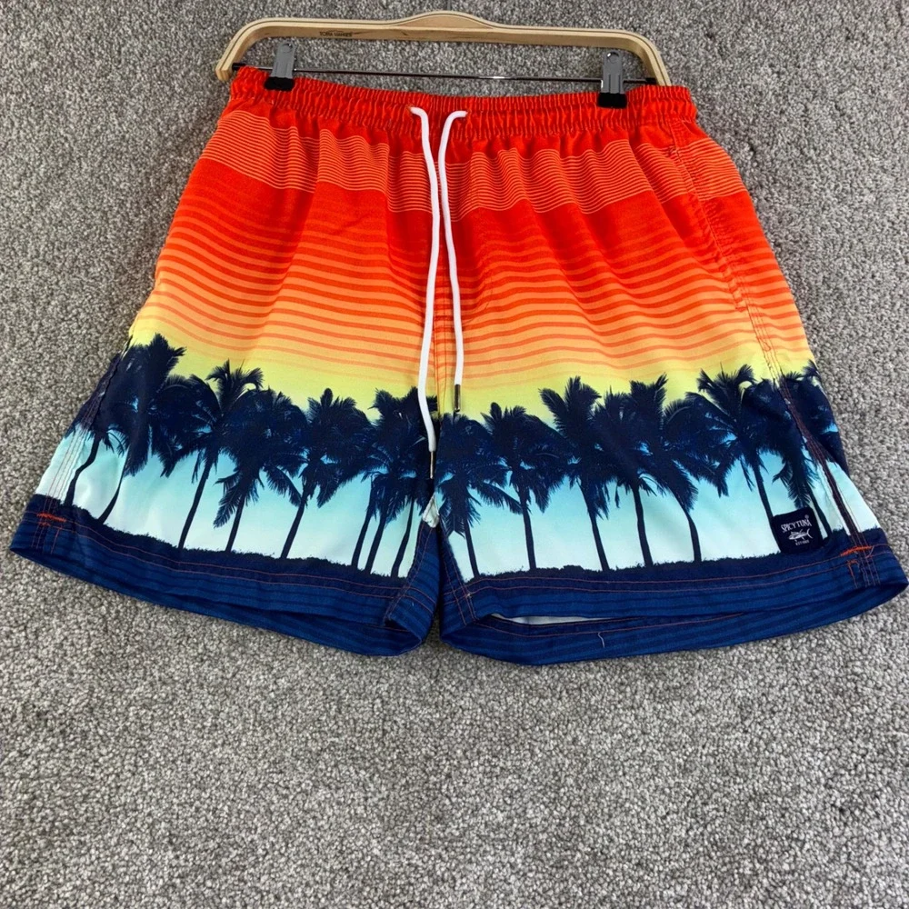 Spicy Tuna Mens L Swim Trunks‎ Orange Palm Tree Sunset Print Drawstring Shorts