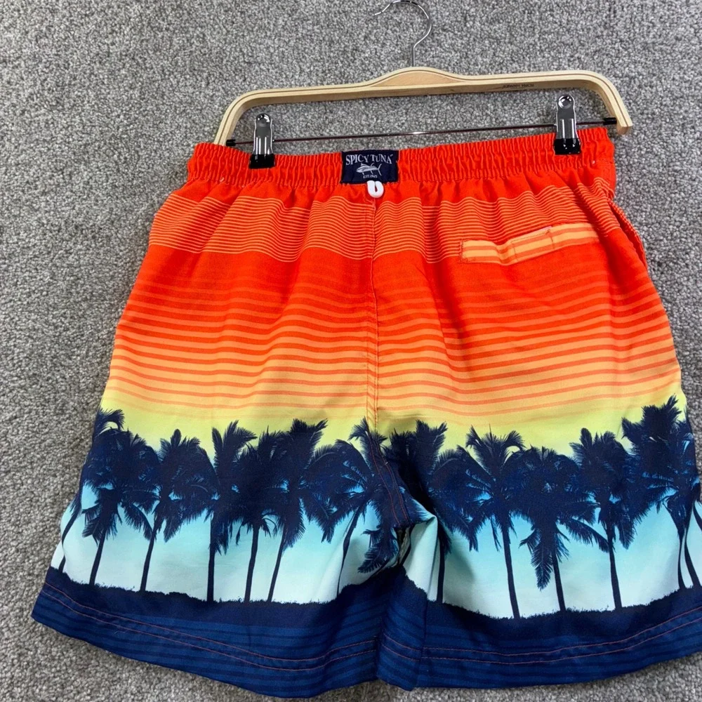 Spicy Tuna Mens L Swim Trunks‎ Orange Palm Tree Sunset Print Drawstring Shorts