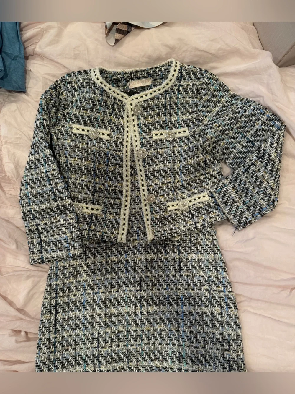 Girls' Tweed Matching Blazer and Skirt Set - Blue/Cream