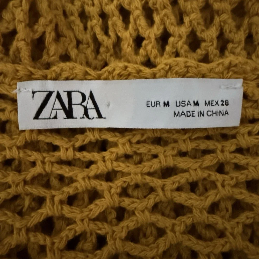 Zara Ruffled Crochet Open Knit Peplum Long Sleeve Top Mustard M‎ Boho Festival
