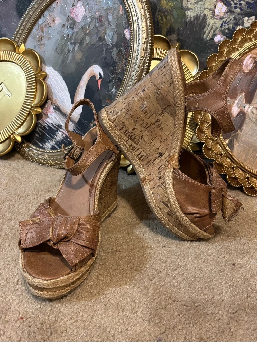 Coach Brown Cork Platform Wedge Sandals with Bow