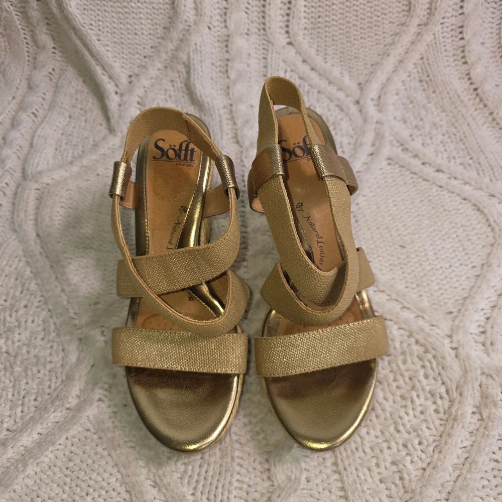 Sofft Mirabelle Wedge Sandal Gold Metallic Espadrille Womens 7M Excellent‎