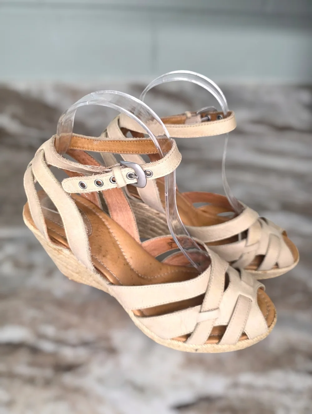 FOSSIL Buff Leather Ankle Strap Wedges Espadrille Sandals Sz 8