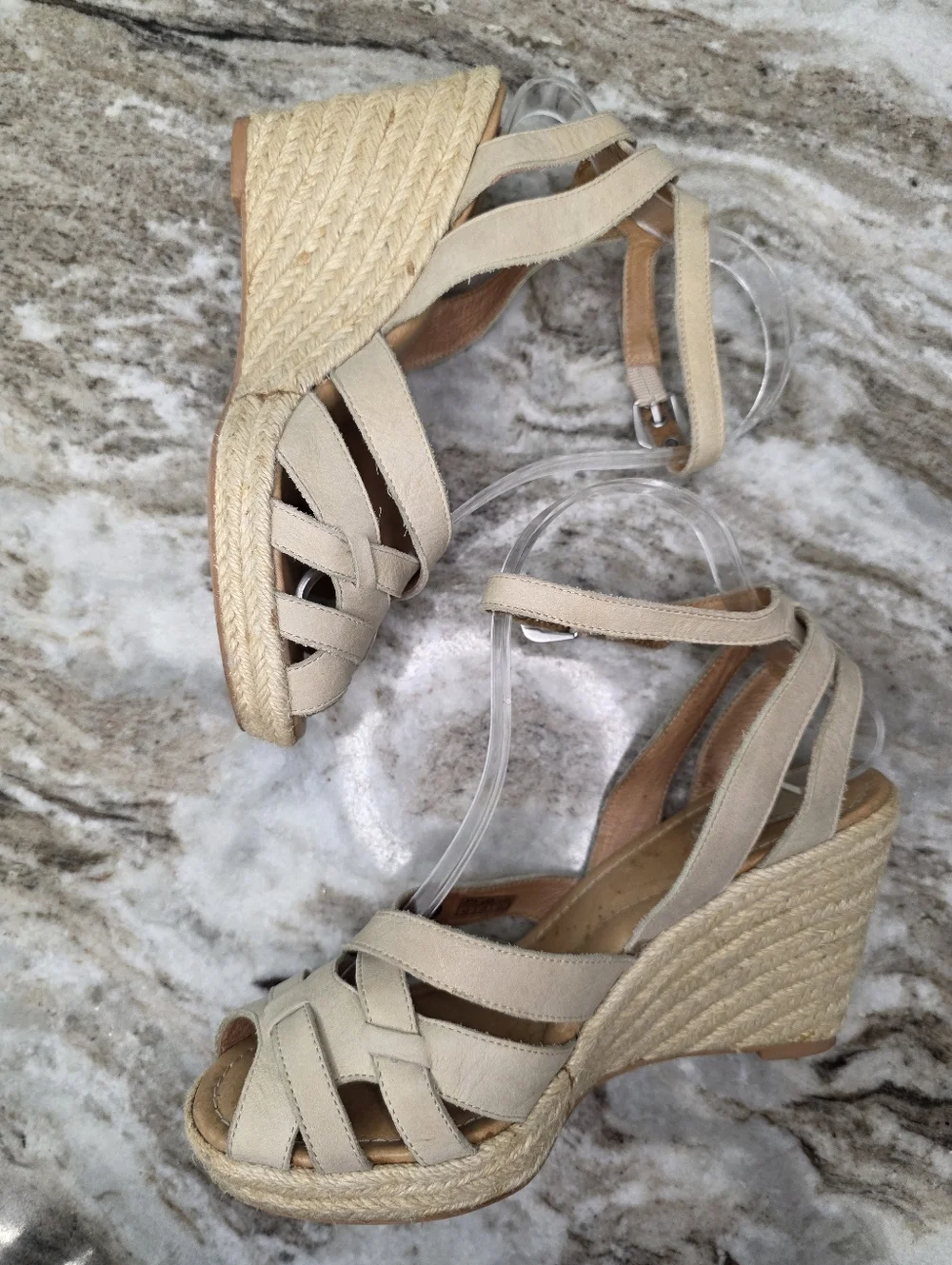 FOSSIL Buff Leather Ankle Strap Wedges Espadrille Sandals Sz 8