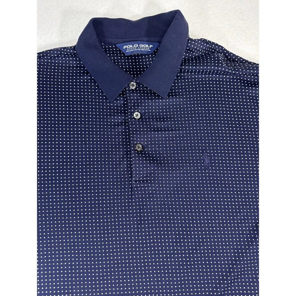 Polo Golf Ralph Lauren Mens Large Blue Polka Dot 100% Pima Cotton Polo Shirt