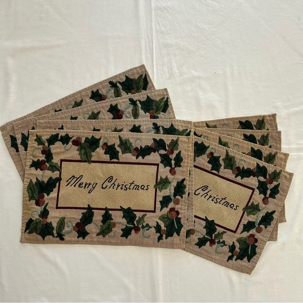 Merry Christmas Holly & Berries Tapestry Fabric Rectangular Placemats‎ Set of 8