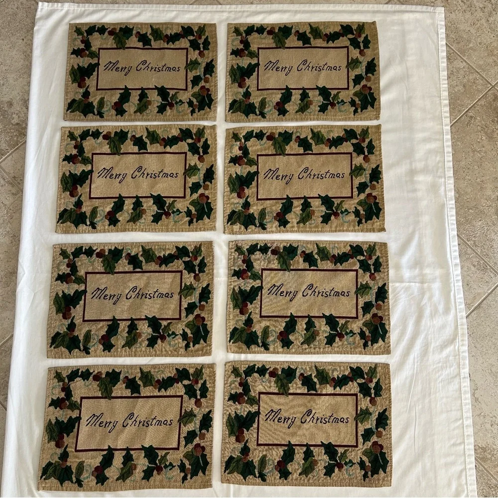 Merry Christmas Holly & Berries Tapestry Fabric Rectangular Placemats‎ Set of 8