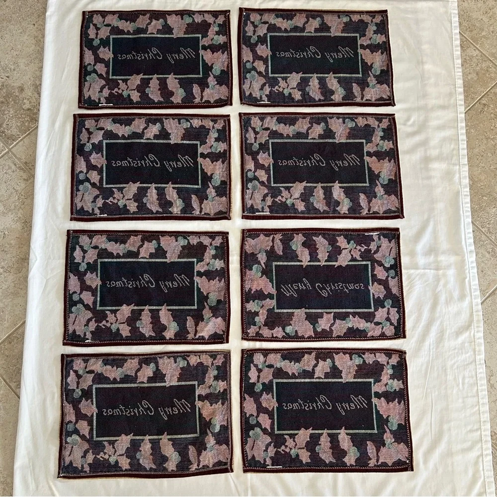 Merry Christmas Holly & Berries Tapestry Fabric Rectangular Placemats‎ Set of 8