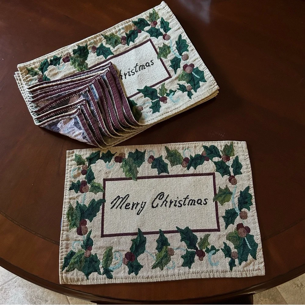 Merry Christmas Holly & Berries Tapestry Fabric Rectangular Placemats‎ Set of 8