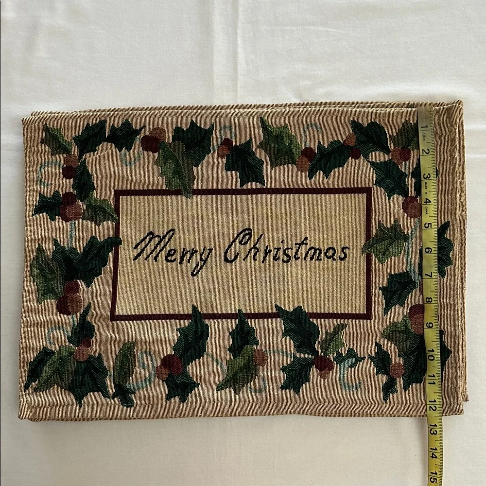 Merry Christmas Holly & Berries Tapestry Fabric Rectangular Placemats‎ Set of 8