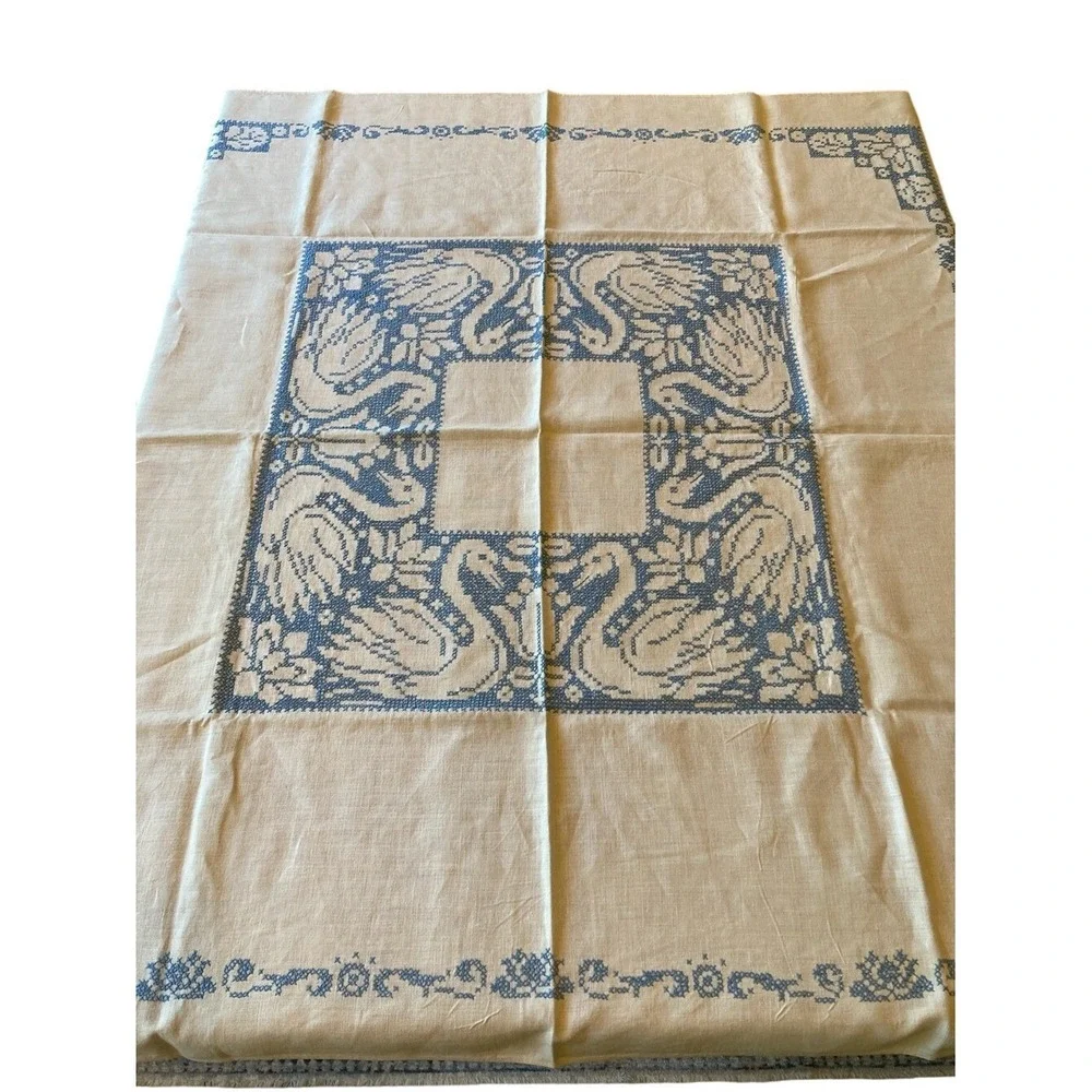 Hand-Embroidered Blue White Assisi-style Cross-stitch‎ Swan Tablecloth 48x50
