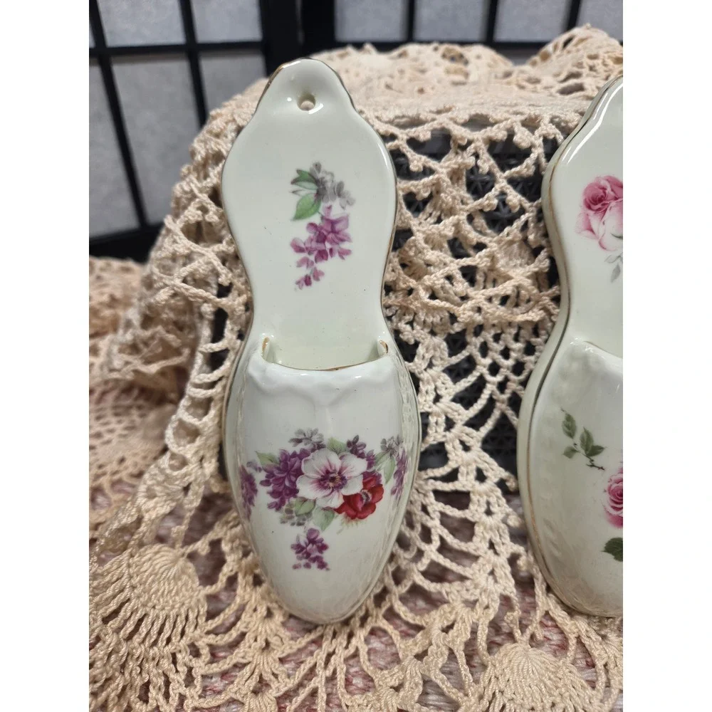 Vintage Floral Ceramic Shoe Wall Pockets Set of 3 Porcelain Slipper Vases Pink
