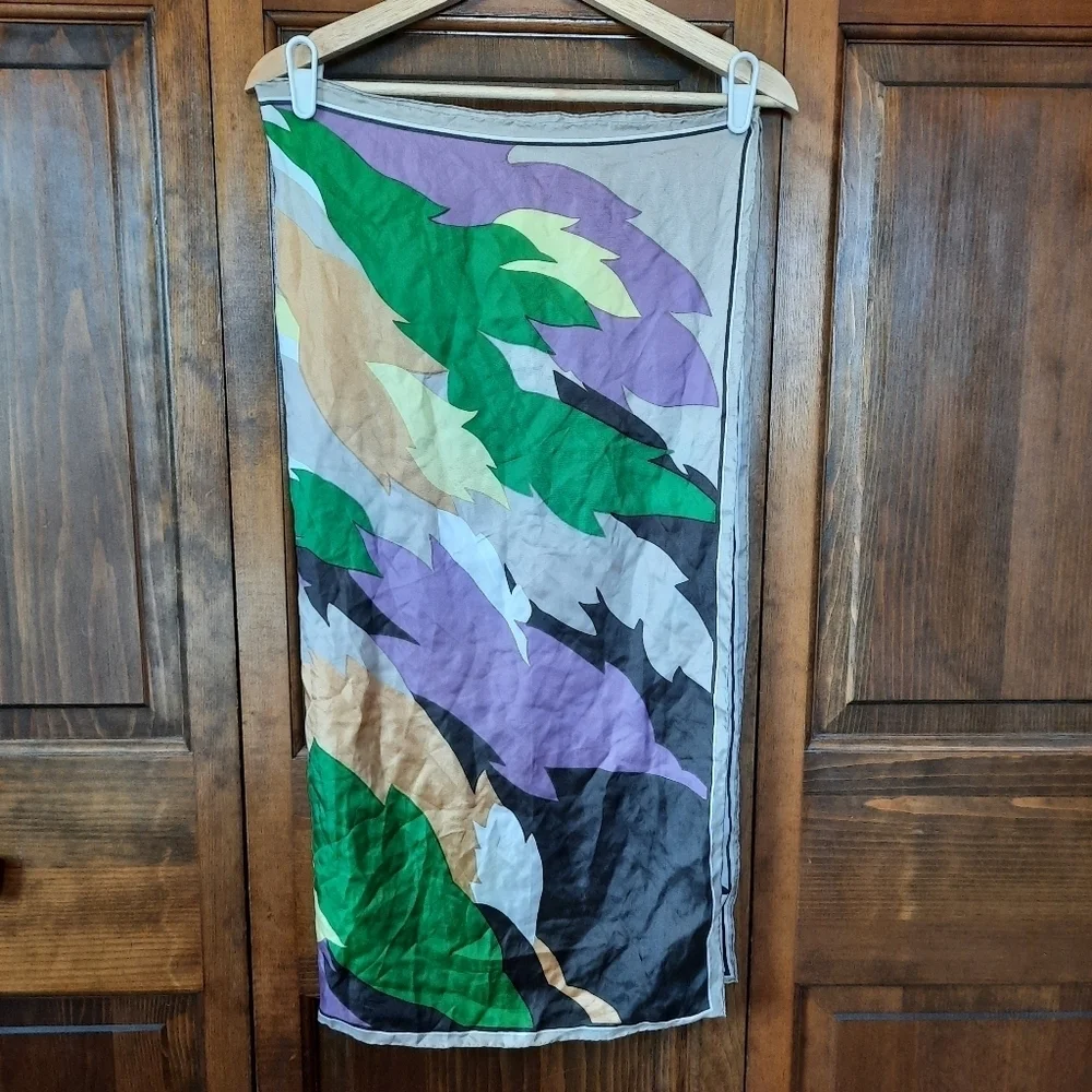 Vintage 100% Silk Hand Rolled Hem Mod Geometric Print Pattern Scarf