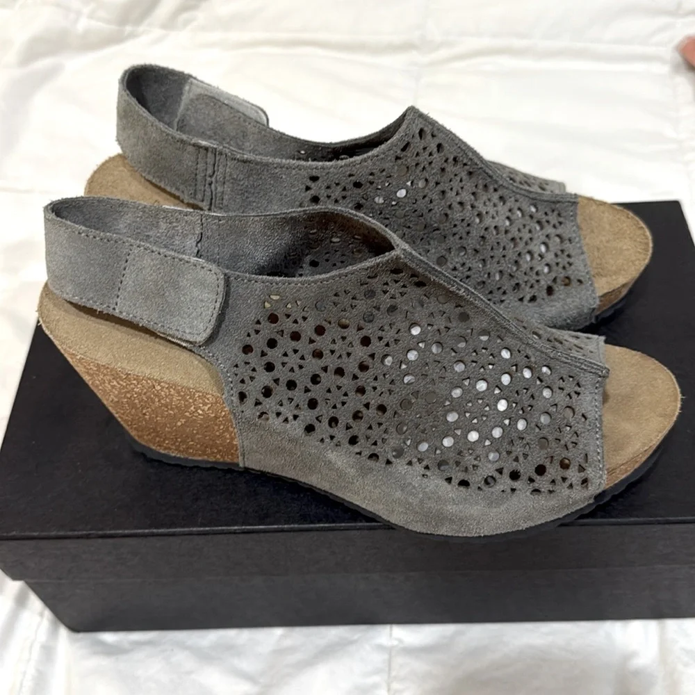A. Giannetti | Suede Velcro Strap Cork Wedge Sandals | Size 9 Made in Italy