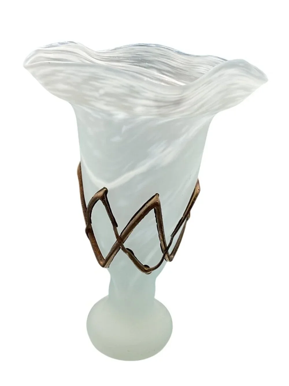 Antique Romanian Ravert Romblast Green Satin Swirl Vase Copper Wrap Accent