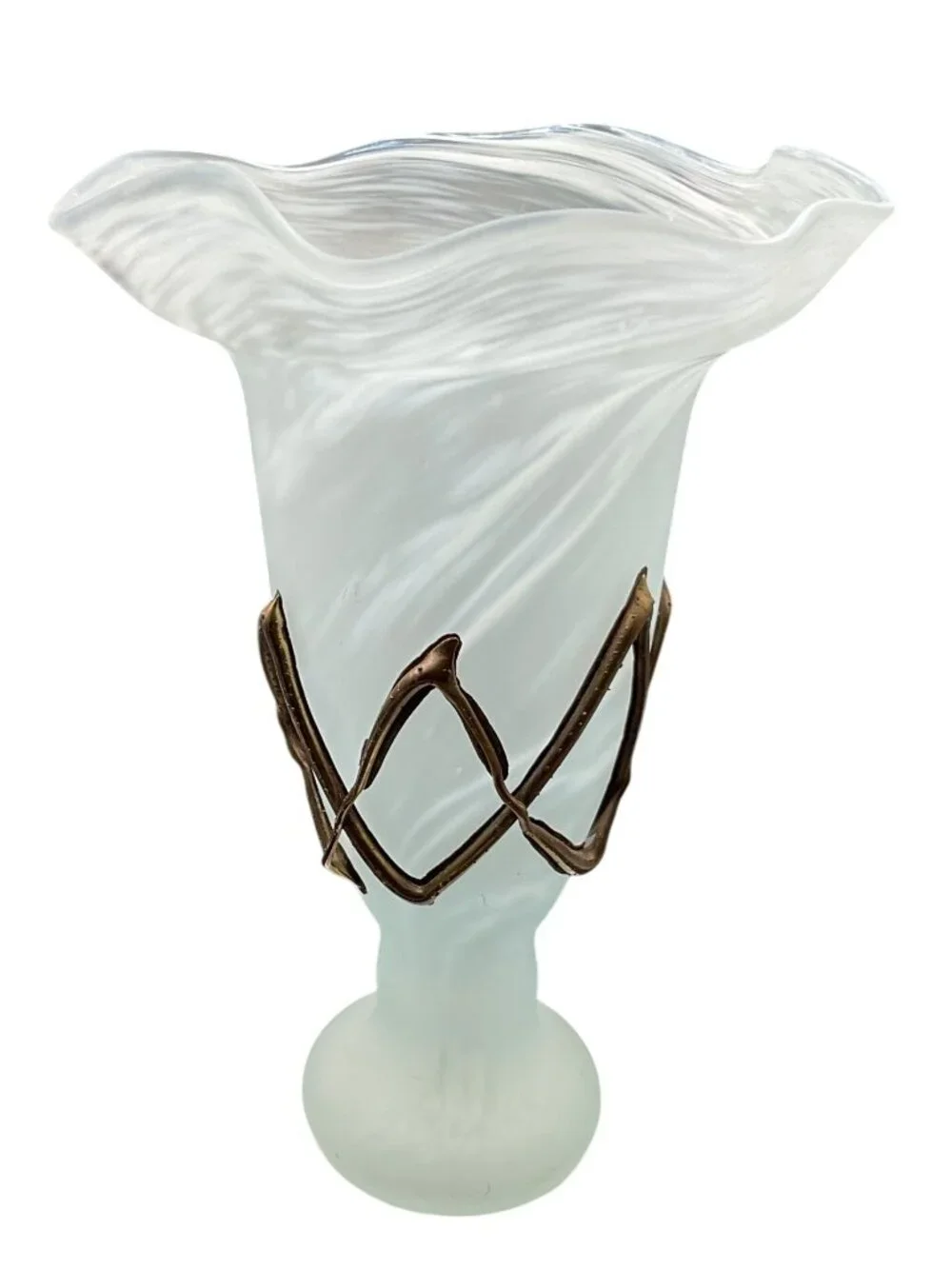 Antique Romanian Ravert Romblast Green Satin Swirl Vase Copper Wrap Accent