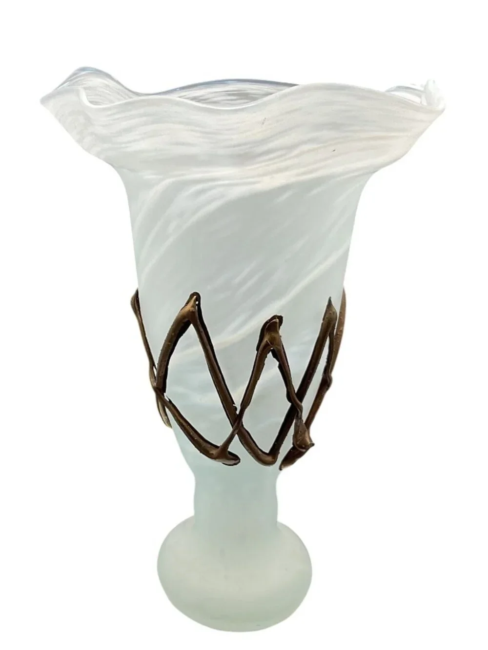 Antique Romanian Ravert Romblast Green Satin Swirl Vase Copper Wrap Accent