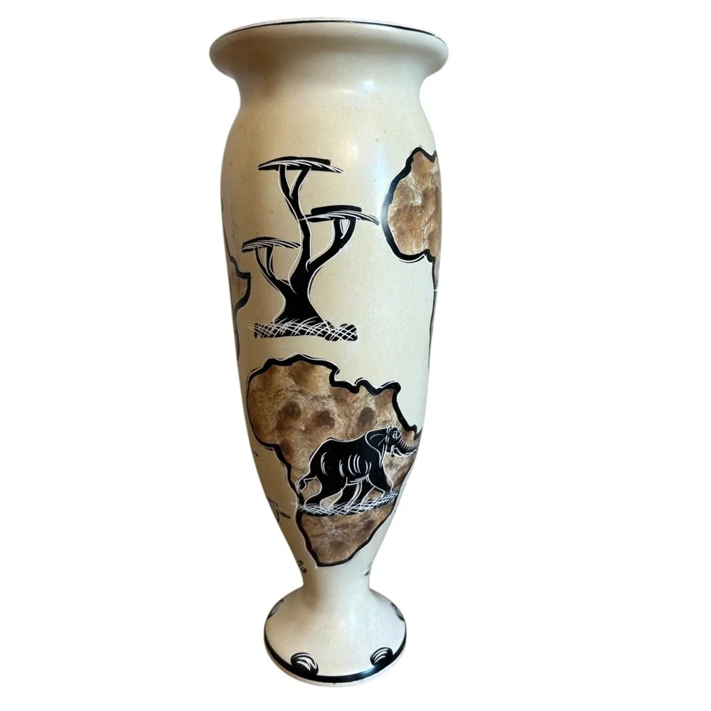 African Soapstone Vase HandCarved Safari Wildlife Lion Elephant Rhino Cream 9.5
